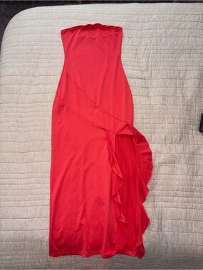 Amazon Strapless Red Ruffle Side-Slit Evening Dress